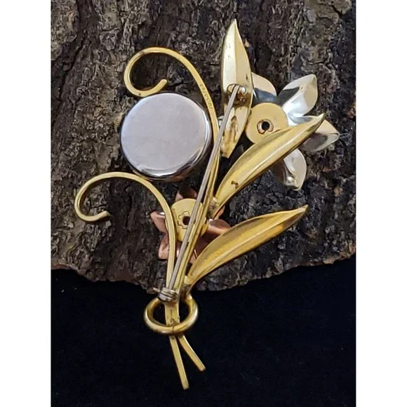 Vintage Croydon Watch Flower Bouquet Brooch Pin, Metal Floral Arrangement